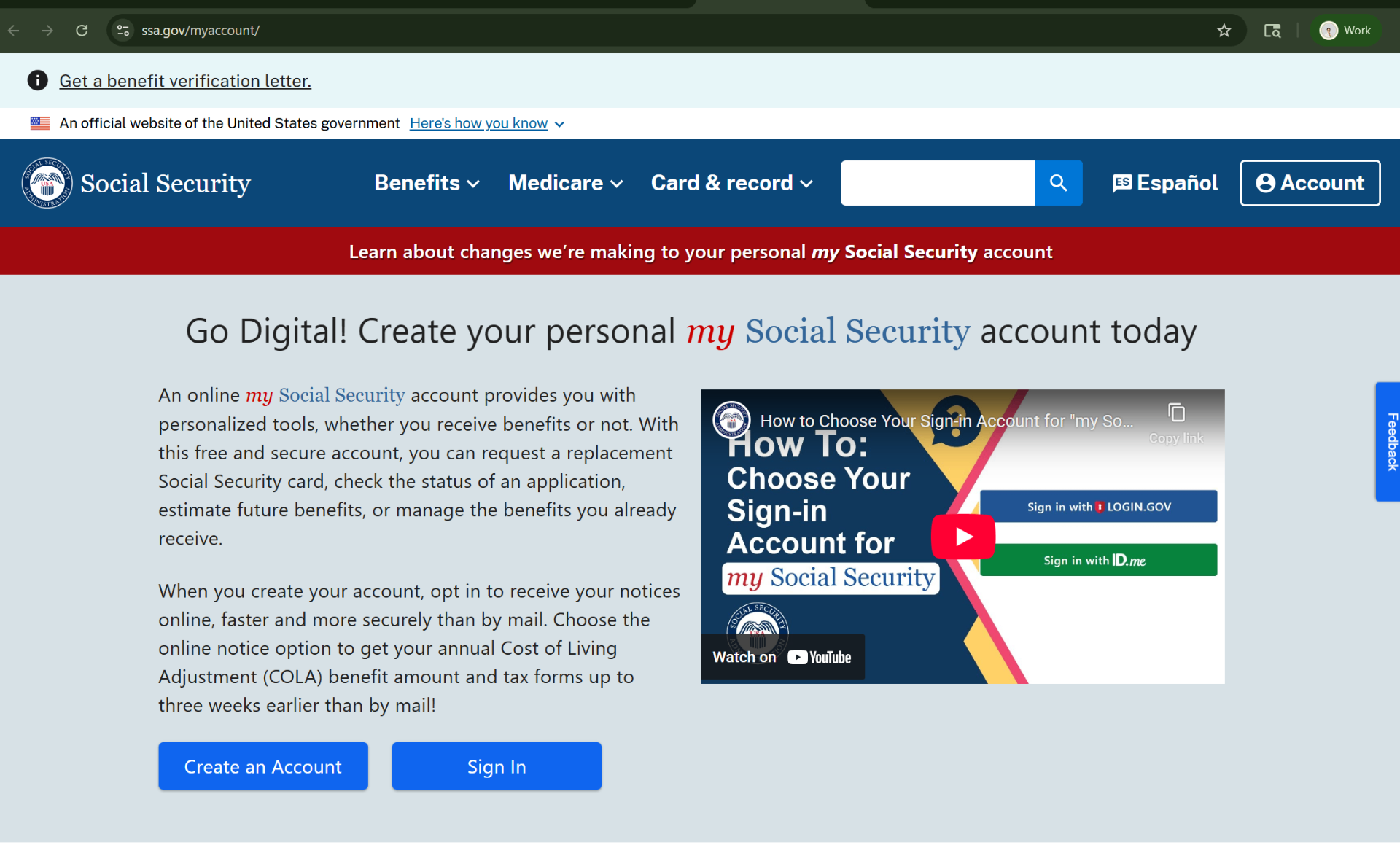 SSA.gov myaccount landing page showing Sign In and Create an Account buttons
