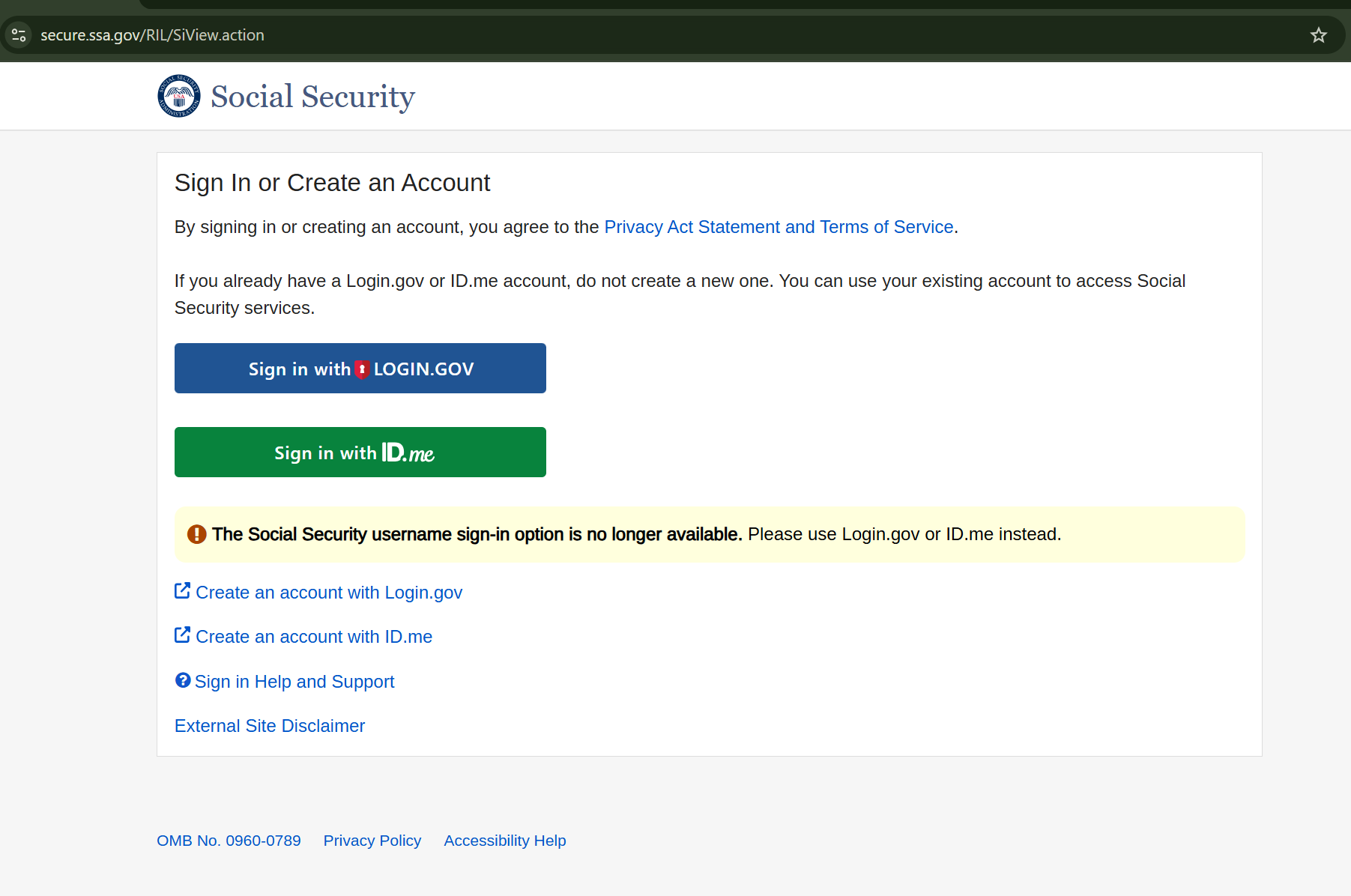 SSA sign-in page showing Login.gov and ID.me options