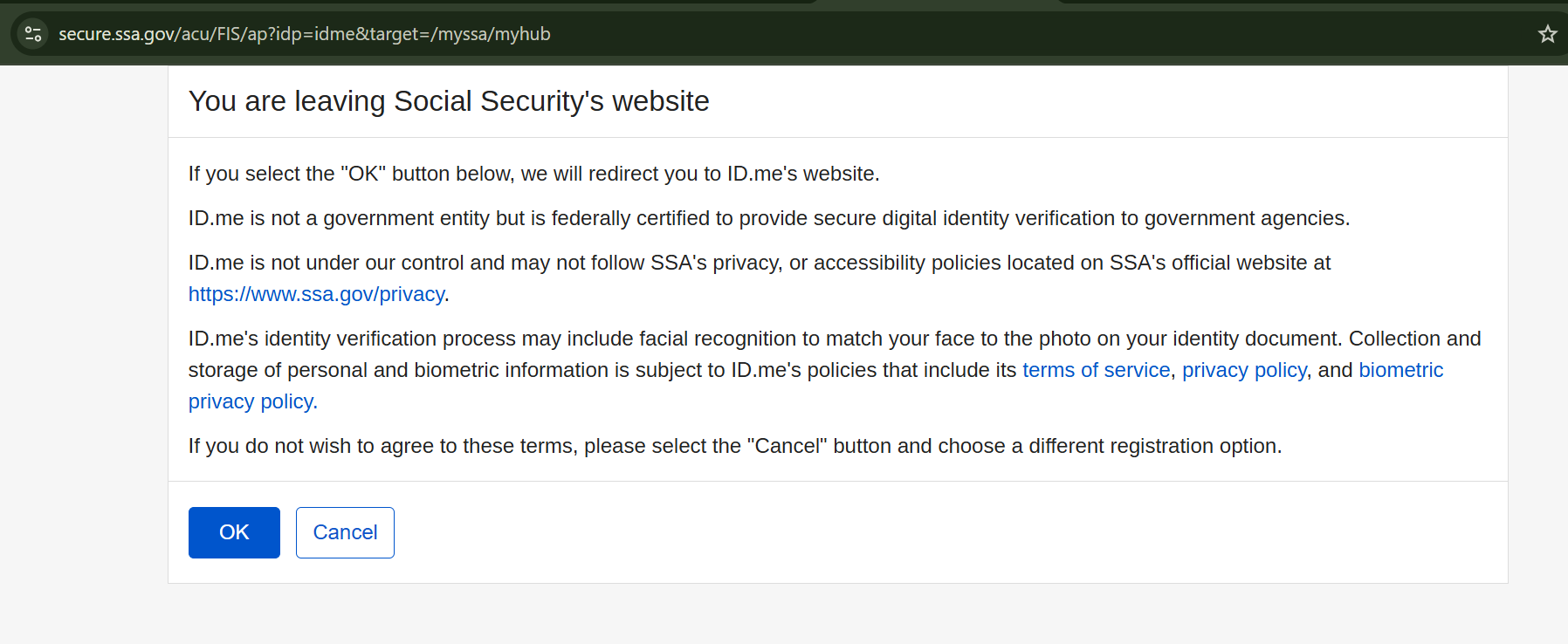 SSA page showing 'You are leaving Social Security's website' message with OK button
