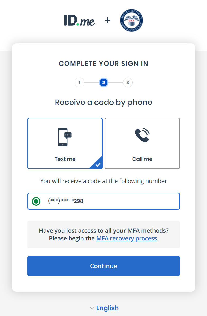 ID.me verification method selection showing Text me and Call me options