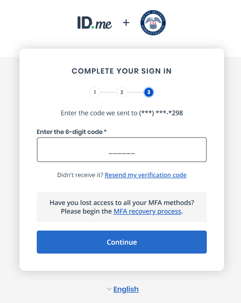 ID.me page for entering the 6-digit verification code