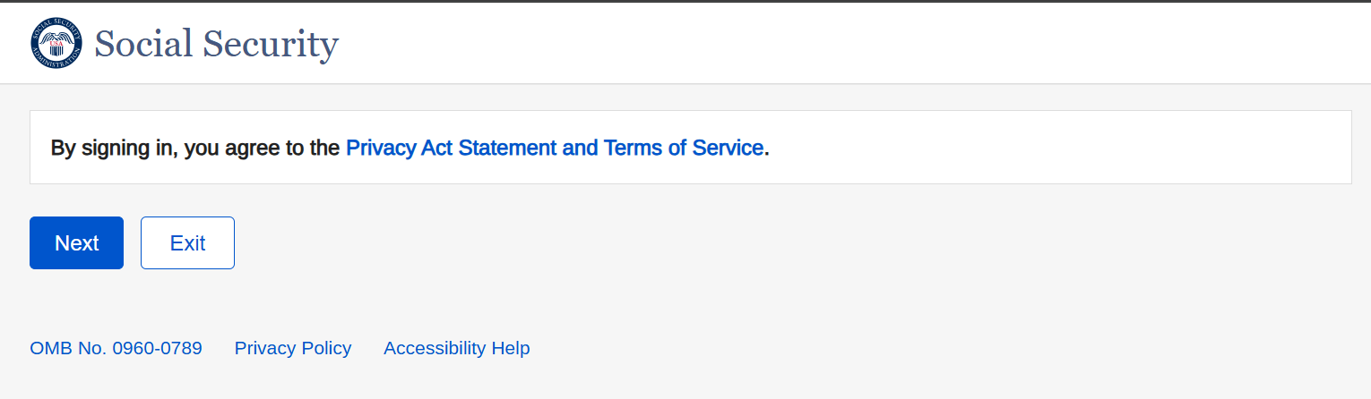 SSA Privacy Act Statement page with Next button