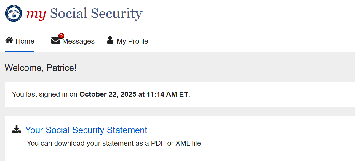 My Social Security welcome page showing Your Social Security Statement link