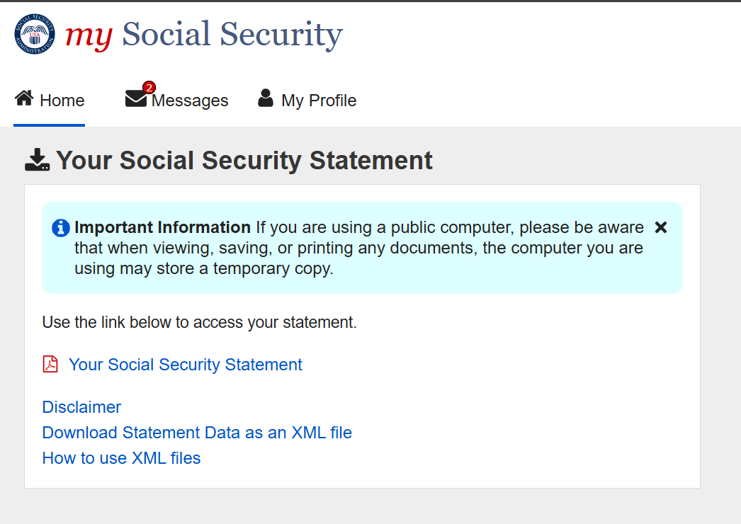 Download statement page showing the XML file download link