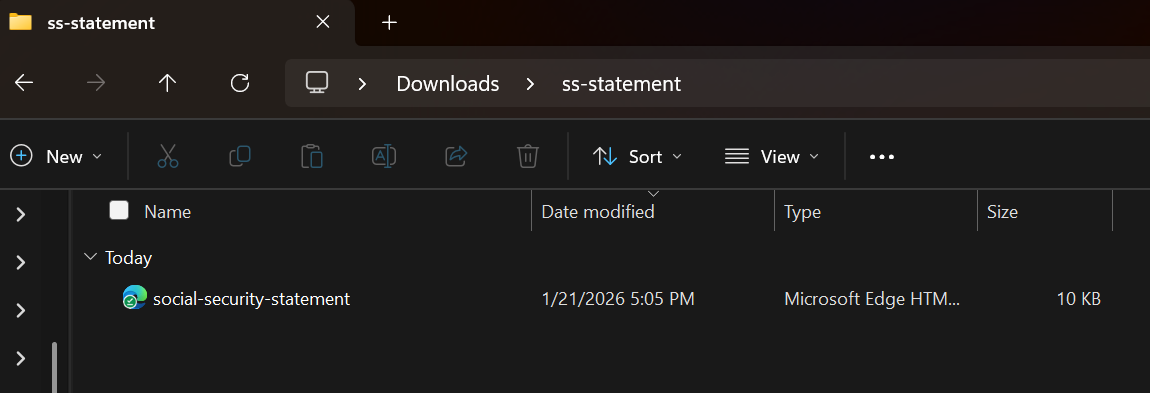 File Explorer showing the downloaded social-security-statement file