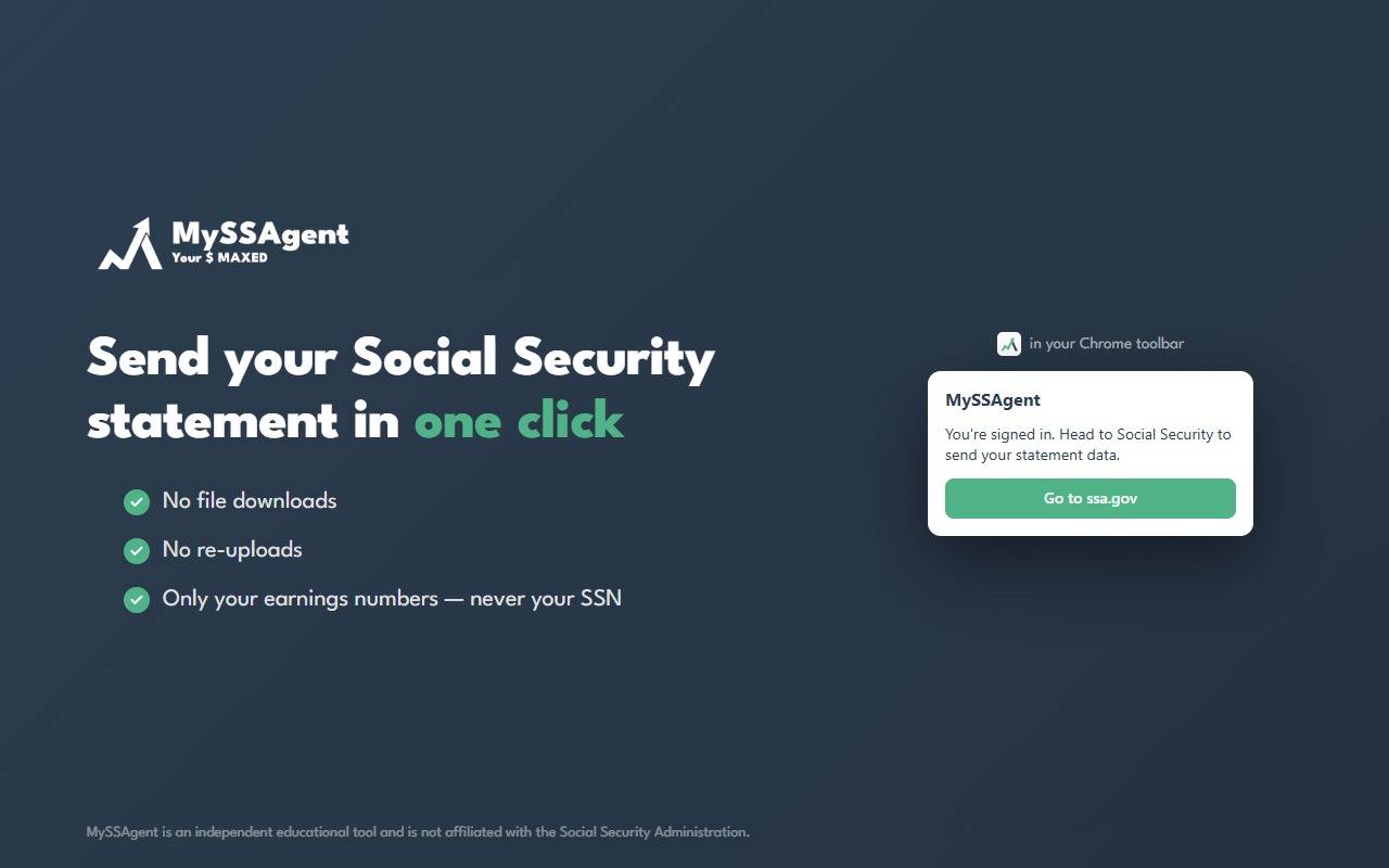 The MySSAgent helper popup in Chrome, showing the Send to MySSAgent button