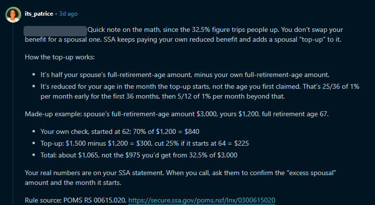 Screenshot of Patrice&rsquo;s reply on Reddit, posted as its_patrice. It explains that SSA keeps paying your own reduced benefit and adds a spousal top-up, then works the made-up example to a total of about $1,065. The original poster&rsquo;s username is covered.