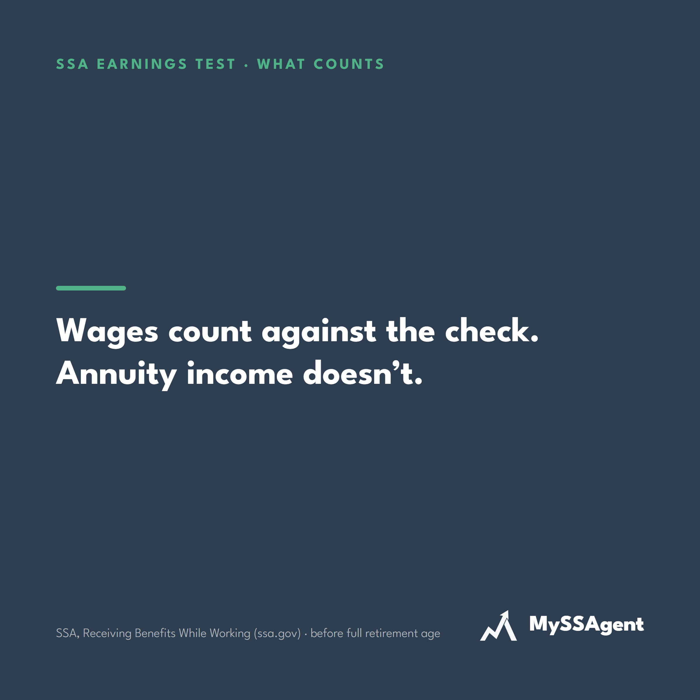 Card: SSA earnings test, what counts. Wages count against the check. Annuity income does not.