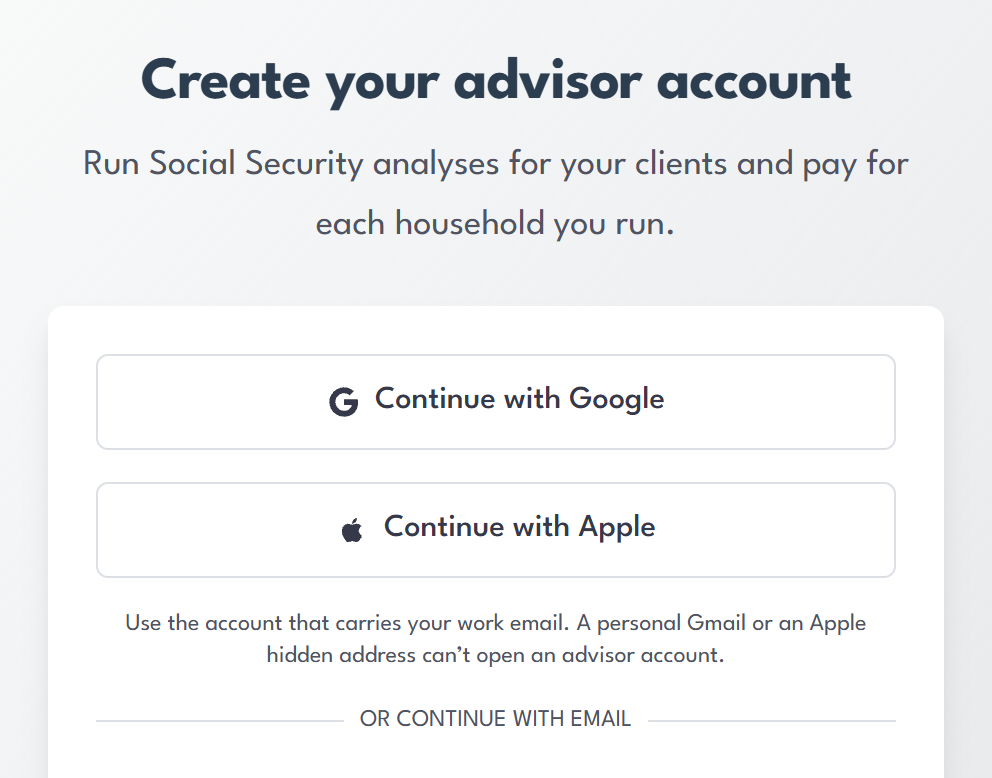 The Create your advisor account page, with Continue with Google, Continue with Apple and email sign-up