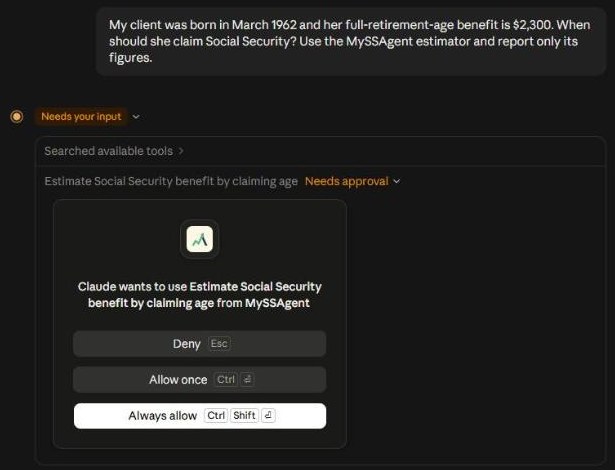 Claude asking permission to use the MySSAgent estimator, with Deny, Allow once and Always allow
