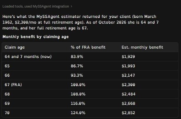 Claude's answer with the monthly benefit by claiming age from the MySSAgent estimator